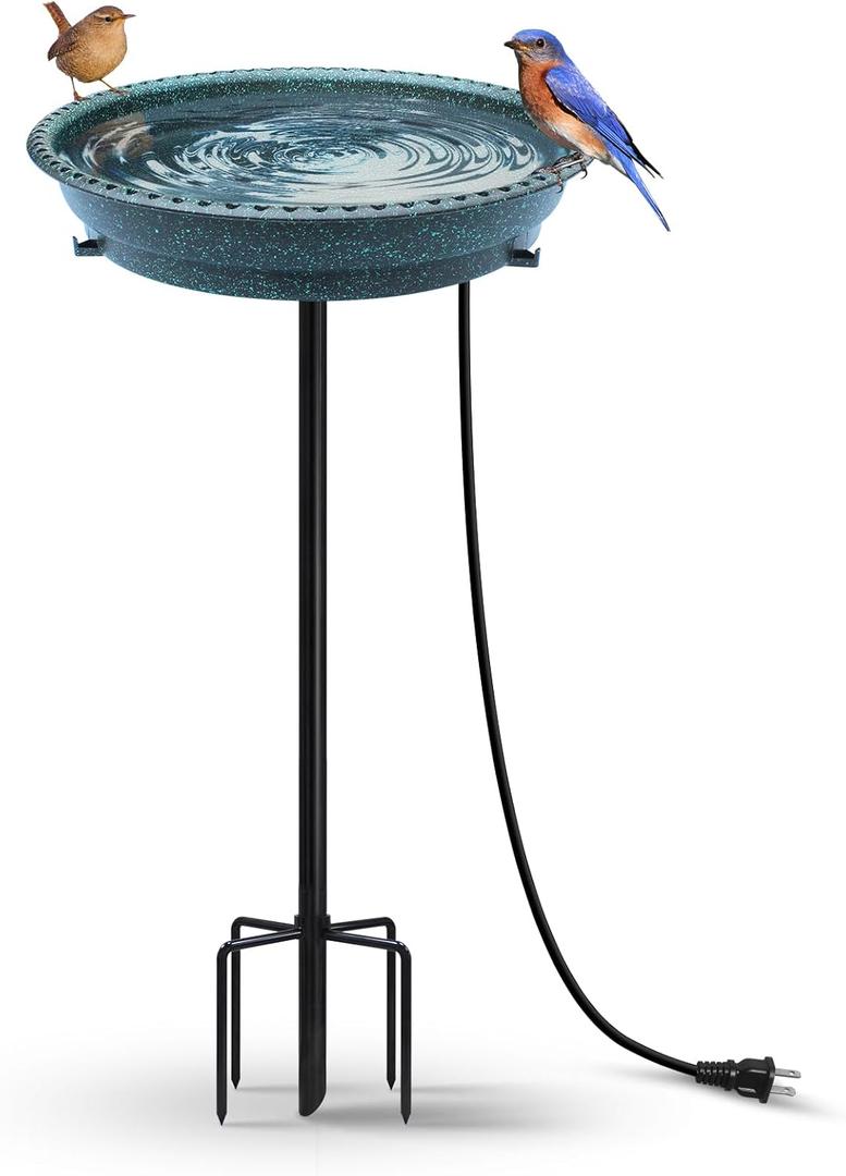 BIRD WISH Heated Bird Bath, Stable 5-Prong Metal Base Thermostat Control Weather Resistance All Seasons Available 75W Heated Bird Baths for Outdoors for Winter Garden Yard Patio Lawn, Spotted Green
