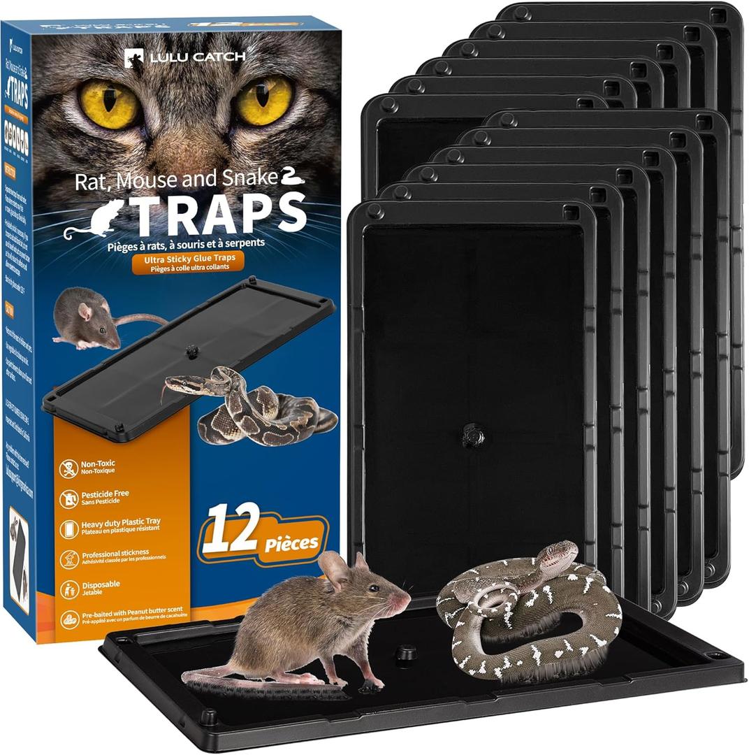 LULUCATCH Mouse Traps, 12 Pack Large Glue Traps Mouse Traps Indoor for Home, Pre-Baited Non-Toxic Bulk Glue Boards for Mice, Snakes, Rat, Lizard, Cockroach & Spiders, Pet Safe, Easy to Use