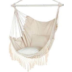 Hammock Chair, Hanging Rope Swing Seat with 2 Cushions,Macrame Hanging Chair Side Pocket with High Load-Bearing Metal Rod,for Indoor, Outdoor, Extra Comfortable (Beige)