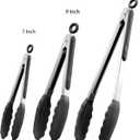 Kitchen Tongs with Silicone Tips,Tongs for Cooking Heat Resistant 600 Degrees Stainless Steel Locking Tongs,Black Set of 3-7", 9" and 12"
