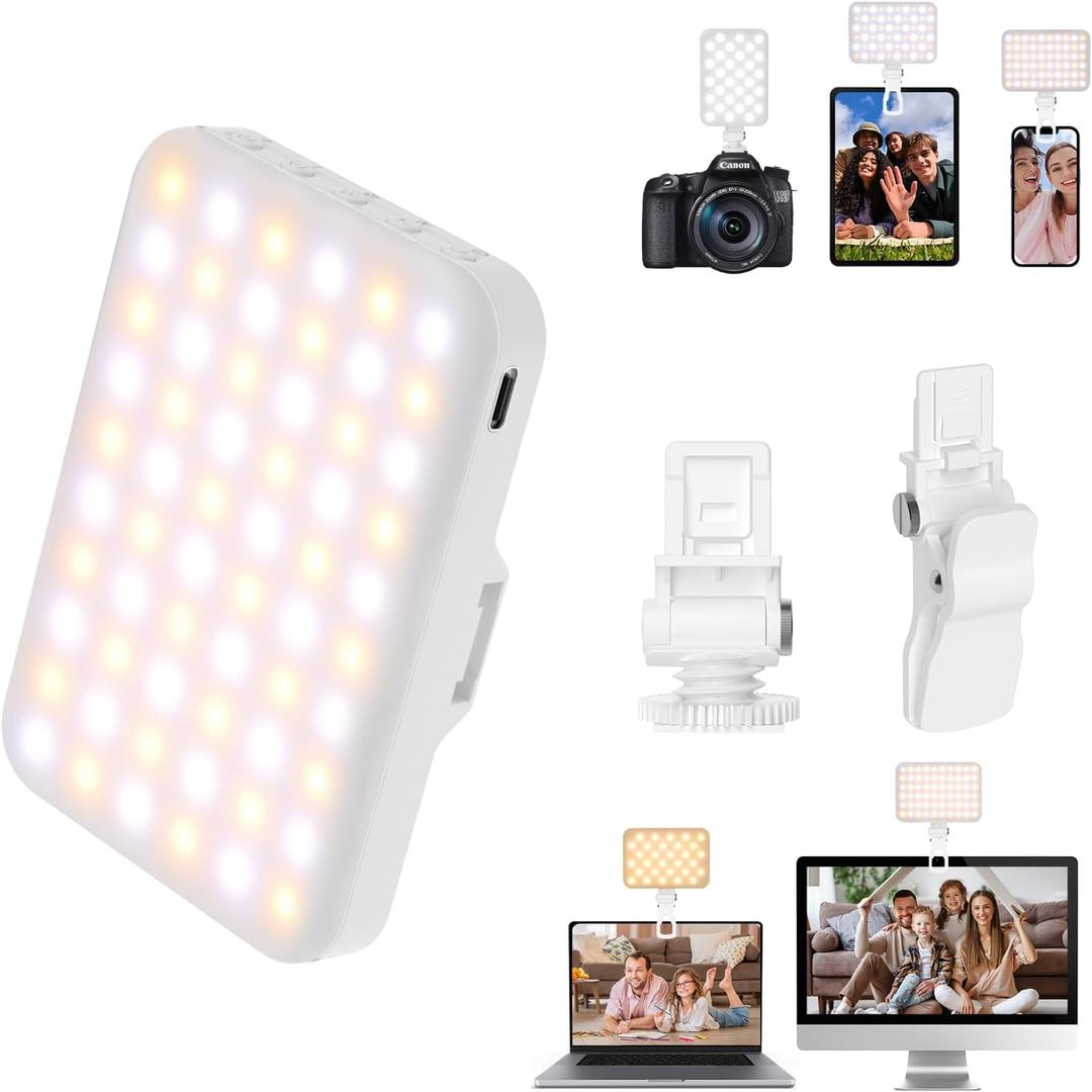 Portable LED Photo Light - USB-Rechargeable, Up to 6500K Color Temperature for Selfie, Zoom Conference, Video, Makeup (Whte)