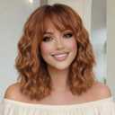Auburn Wigs for Women Bob Wig with Bangs Short Curly Synthetic Shoulder Length Hair Wavy Natural Looking for Party Daily Use