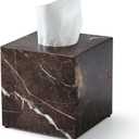 Real Natural Marble Tissue Box Cover, 5.5 Inch Square Marble Tissue Box Holder with Open Bottom, Heavy Stone Decorative Organizer for Bathroom Vanity, Kitchen Countertop, Luxury Home Décor, Brown