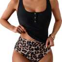 B2prity Women's Athletic Tankini Swimsuits Two Piece Adjustable Button-Up Bathing Suit Full Coverage High Waisted Swimwear (Large, Black Leopard)