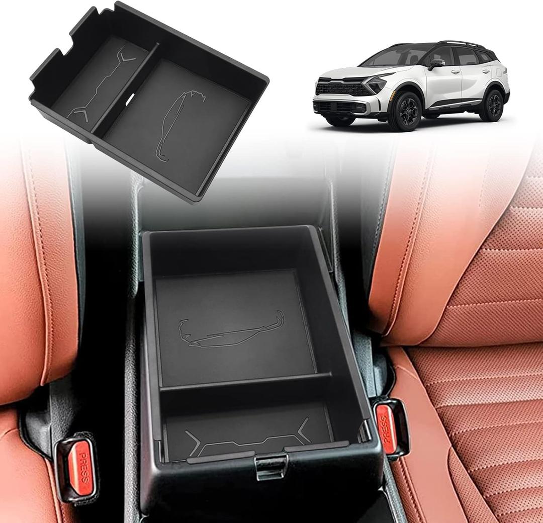 TripleAliners for Sportage 2023 2024 2025 2026 Center Console Organizer with Leather Trim Console Storage Box Compatible with Kia Sportage 2023-2026 NQ5 Accessories (Leather Black) EX/LXSX/X-Line