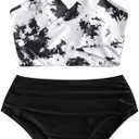 ZAFUL Women's Ruched High Waisted Tankini Swimsuit Criss Cross Bikini Set Tummy Control Bathing Suit (Large)