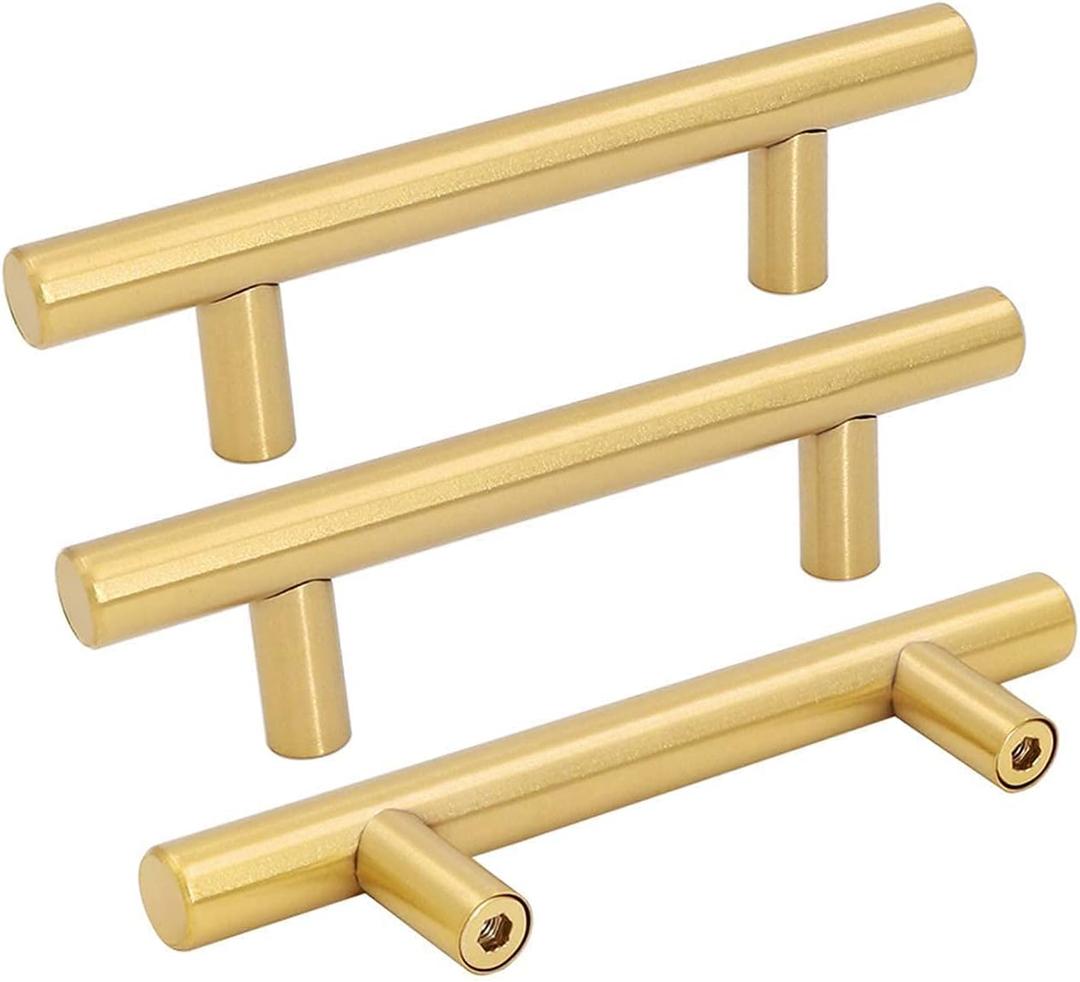 goldenwarm 10 Pack Gold Cabinet Handles Brushed Brass Drawer Pulls Gold Cabinet Pulls 3 inch - Kitchen Door Handles and Knobs Bathroom Bedroom Furniture Knobs Stainless Steel (3in Hole Centers)