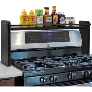 MyGift 33 Inch Wide Over The Stove Top Spice Shelf, Rustic Coal Black Solid Wood and Industrial Black Metal Space Saving Stovetop Range Storage Display Rack