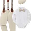 YUEMION Baby Boy Clothes Wedding Outfit Infant Tuxedo Gentleman Suits Dress Shirt+ Beret Hat +Suspender Pants +Bowtie 0-18M (6-12 Months, Beige)