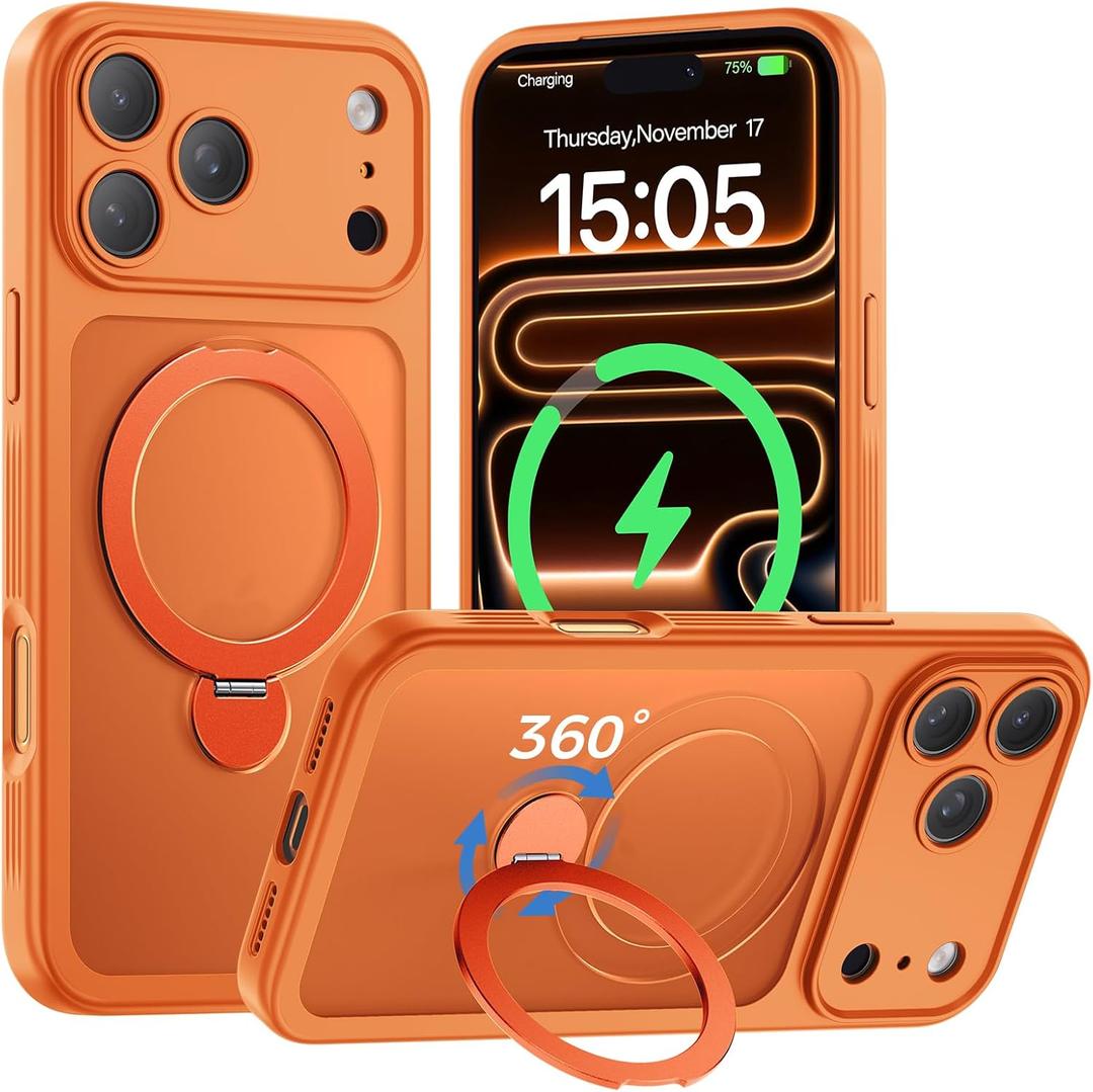 for iPhone 17 Pro Max Case [ 360 Spin Magnetic Stand] [Full Camera Protection] Compatible with Magsafe, 15FT Military-Grade Protection, Translucent Anti-Slip Phone Case 6.9'', Cosmic Orange