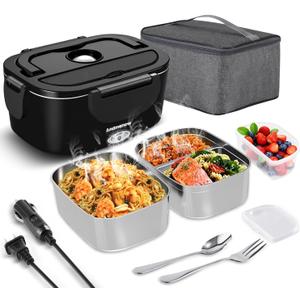 80W Electric Lunch Box food warmer for Adults, Portable Food Heater for Travel/Home/Office,12V/24V/110V Heated Lunch Box Suitable for Ideal Driver/Work/Gift, BLACK*2