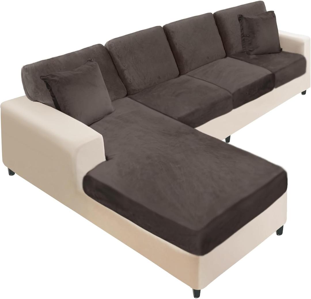 NAISI Sectional Couch Covers 8 Pieces Velvet Couch Cushion Covers L Shape Soft Stretch Sofa Slipcovers with 2pcs Pillowcases for Left/Right Chaise Sectional Couch(3 Seater+1 Chaise+4 Back,Brown)