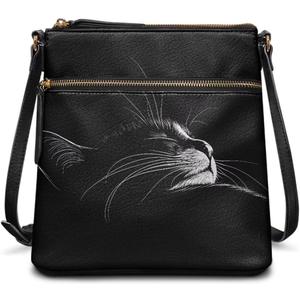 Leather Purses for Women, Leather Hobo Bags for Women Vintage Travel Sling Purse Multi Pockets Shoulder Bag (Fashionable Black Cats)