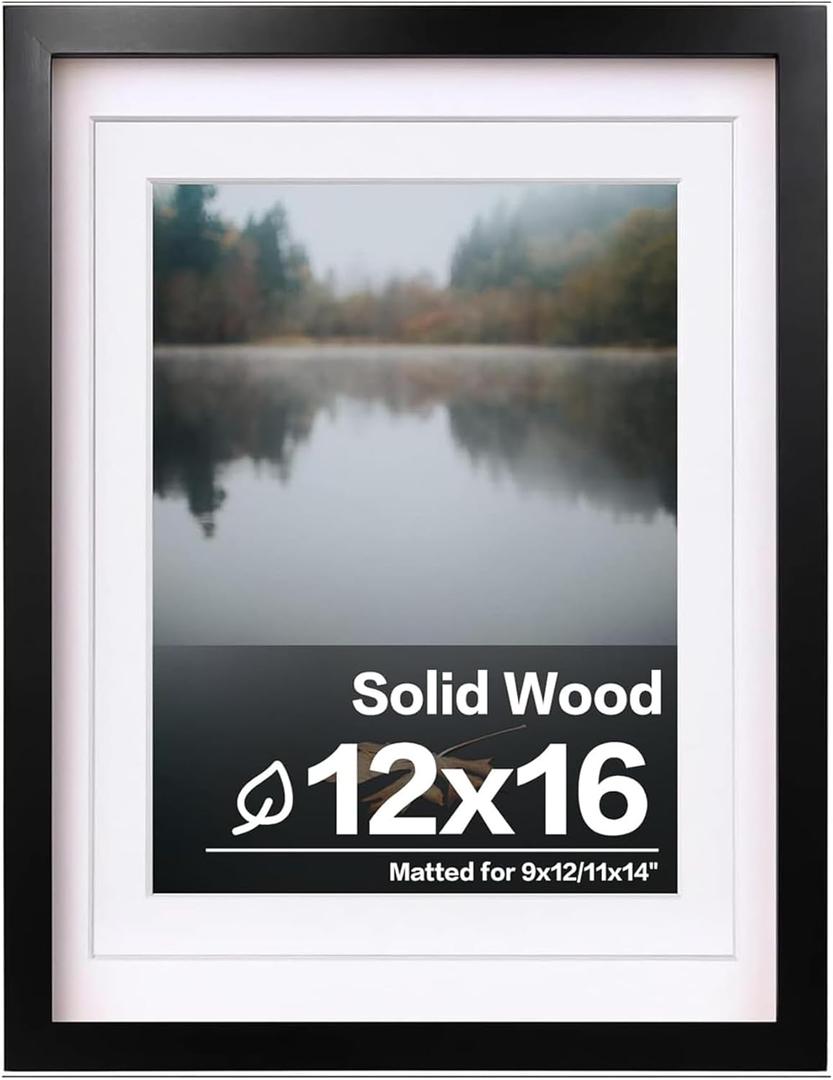 Egofine 12x16 Picture Frame Black, Covered by Plexiglass Made of Solid Wood, Display Pictures 9x12 and 11x14 with Mat or 12x16 Without Mat, for Wall Mounting Photo Frame