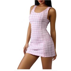 Women's Houndstooth Scoop Neck Dress Sleeveless Bodycon Mini Elegant Dresses (Pink, S)