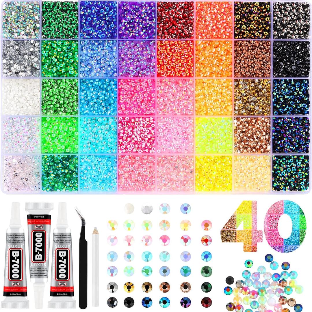 Zefy 40000 Pcs Resin Jelly Rhinestones for Bedazzling, 40 Colors 3mm Flatback Gems for Crafting, Bedazzling Kit with 3Pcs B7000 Glue for Clothing Shoes Nail Book Diamond Art