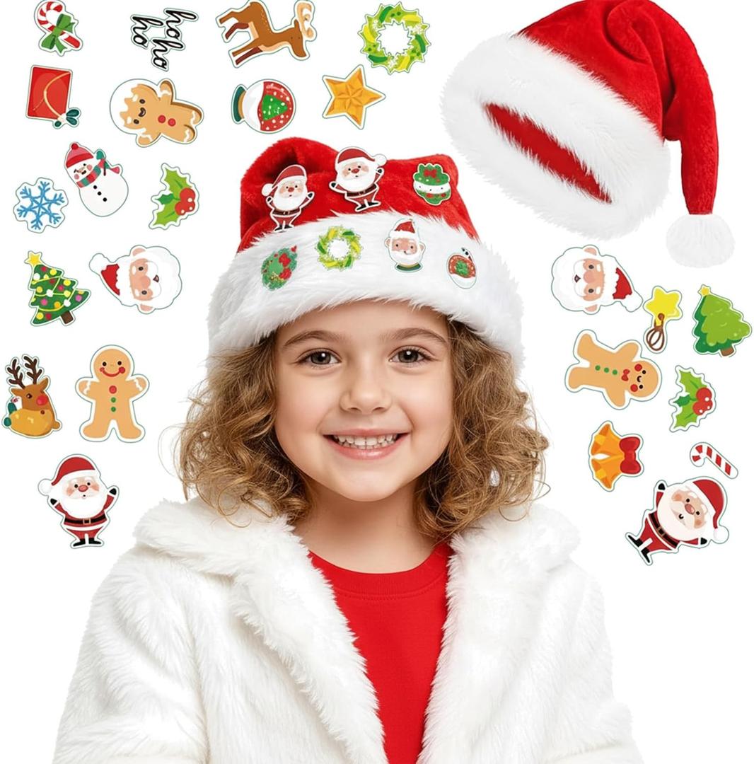 Light Up Santa Hat, Led Christmas Hat, Santa Hats Adult with 20 Diy Stickers, for Xmas New Year Party (Classic Red Kids)