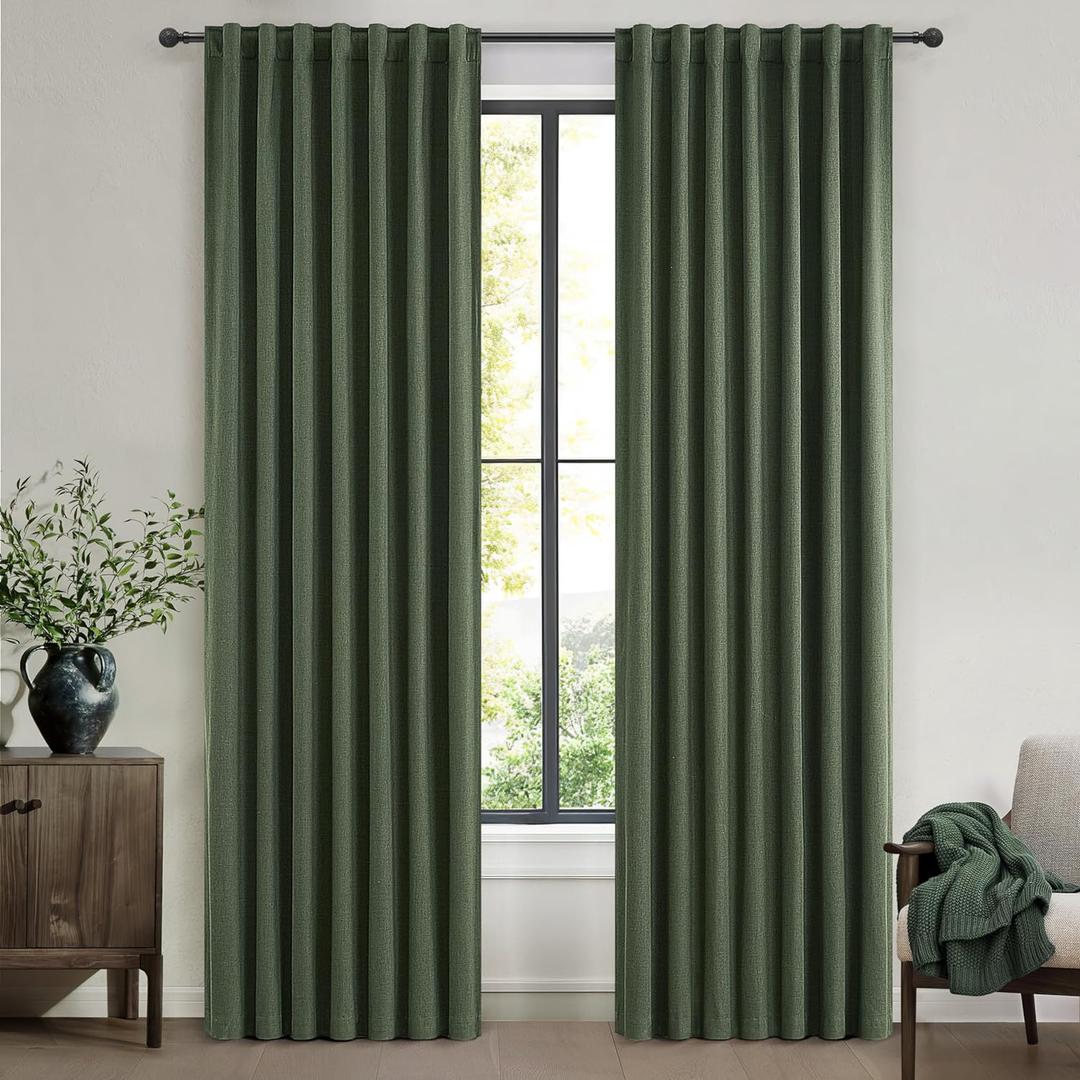 Dark Green Curtains 86 Inches Long, Blackout Spring Curtains for Living Room Cooling Heat Reflective Linen Look Vintage Drapes for Bedroom Back Tab Pleated (Olive,2Panels W50 xL86) (Loden)