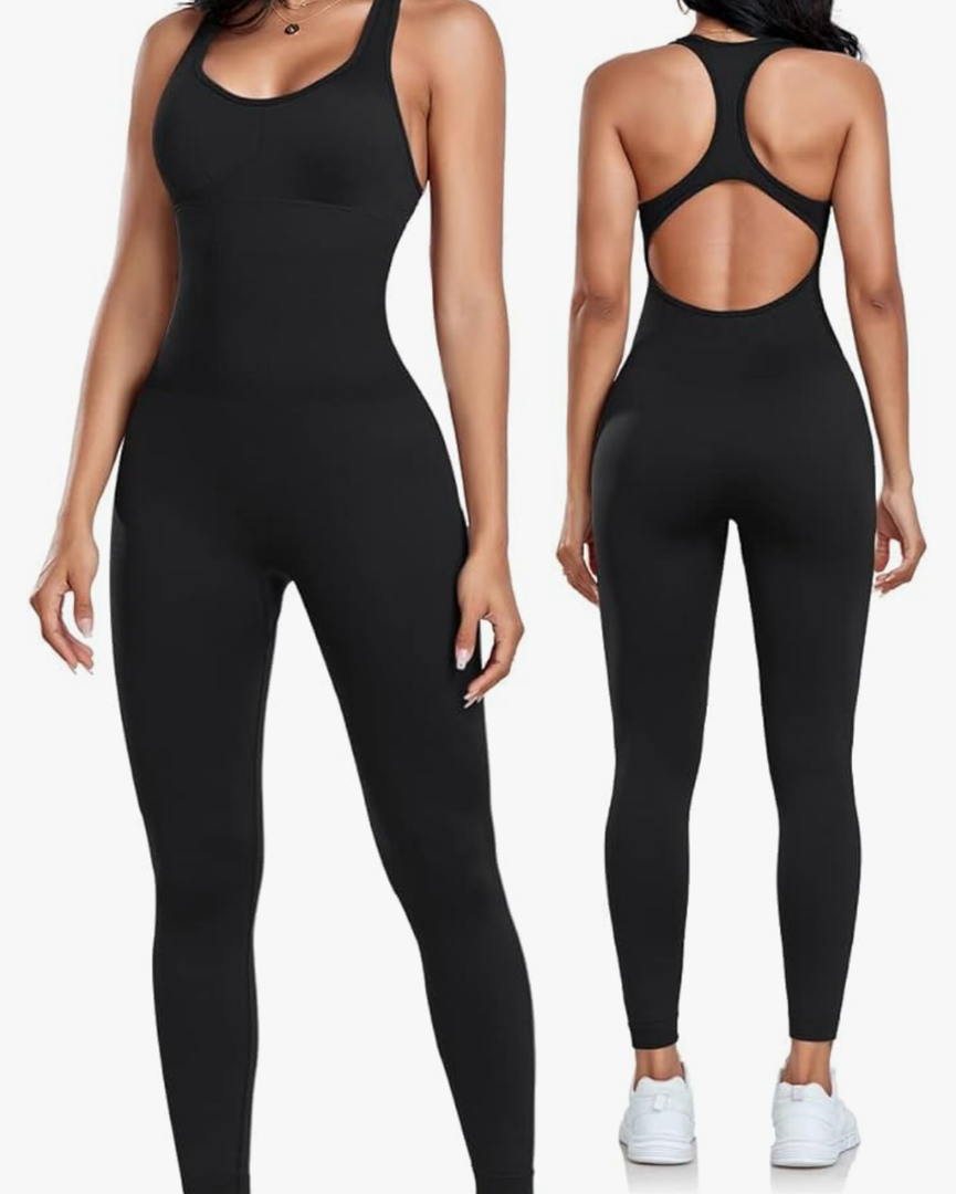 Womens Workout Jumpsuits Seamless Yoga Gym Bodycon Rompers Sexy Racerback Tummy Control Padded Bra Unitard, Large 