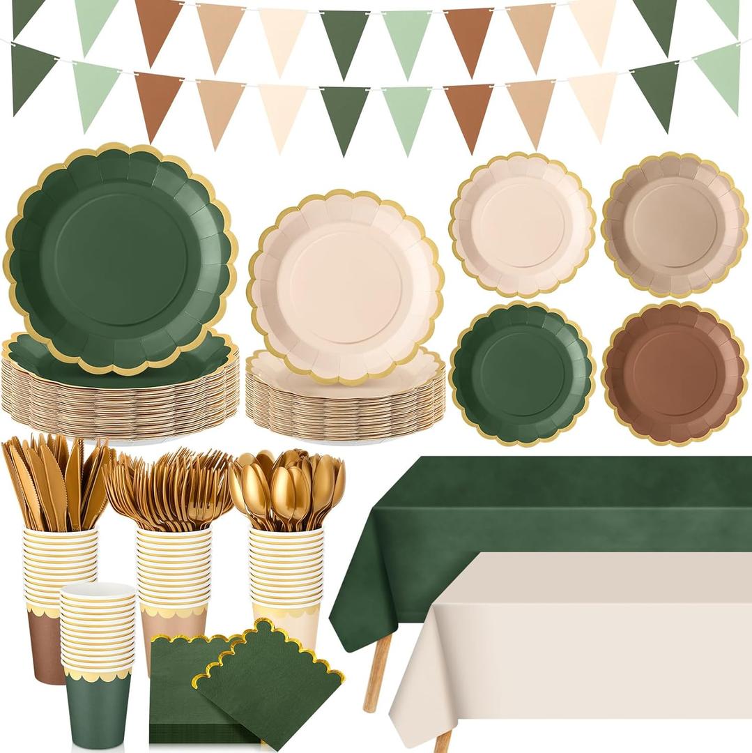 Mimorou 342 Pcs Woodland Baby Shower Party Supplies Sage Green Brown Tableware Paper Disposable Plates Napkins Cups Plastic Tablecloth Sage Brown Triangle Banner for Wedding Forest Birthday Party