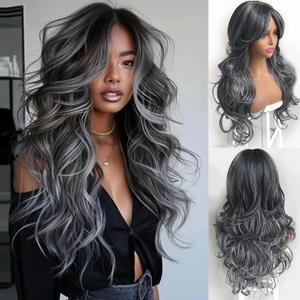Dark Gray Highlight Layered Wavy Wig With Curtain Bangs for Black Women Synthetic Highlight Ombre Grey Hair Long Dark Gray Natural Body Wave Layered Wig Heat Resistant for Daily Party Use 24 inch