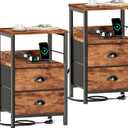 Furologee Nightstand Set of 2, Rustic Brown, with Charging Station and USB Ports, Side Tables with 2 Fabric Drawers, Bedside Tables with Storage Shelf & Hooks, for Living Room/Bedroom