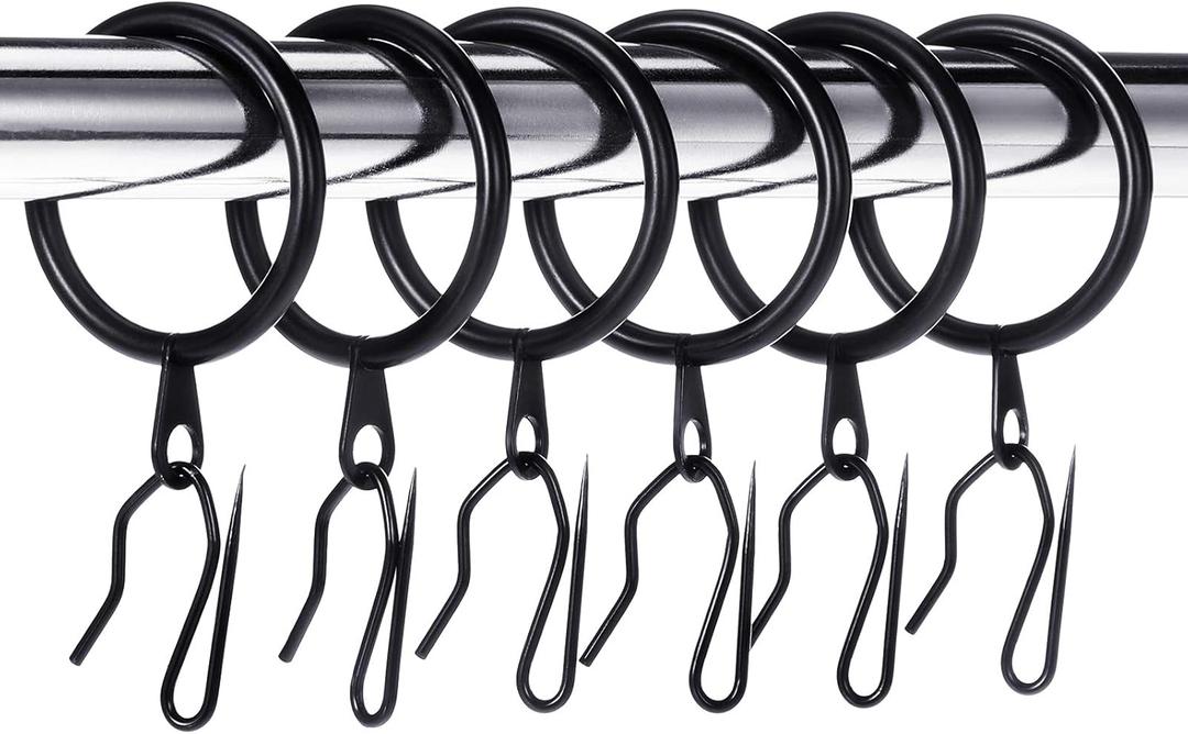 Hotop 30 Pcs Metal Drapery Curtain Rings 0.98/ 1.26/ 1.65 inch Interior Diameter and 30 Pcs Hanging Curtain Drapery Pin Hooks for Window Door Shower (Black, 32 mm)