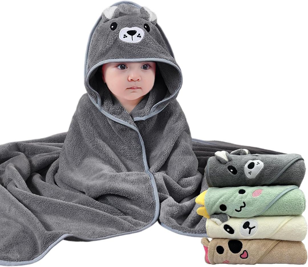 Hooded Baby Towels, 4 Packs Premium Soft Baby Bath Towels with Hood for Babies, Toddler, Infant - Ultra Absorbent, Baby Stuff Shower as Best Gifts for Boys and Girls (4Pack) (Gray+white+green+brown-4pack, 4styles)