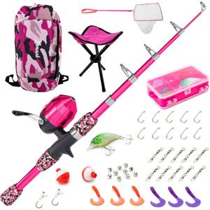 Kids Fishing Pole, Kids Portable Telescopic Fishing Rod Set, Tackle Box and Fishing Net Combo Kit, Kids Fishing Gear for Boys and Girls Age 5-10 and Youth (Camo Pink)