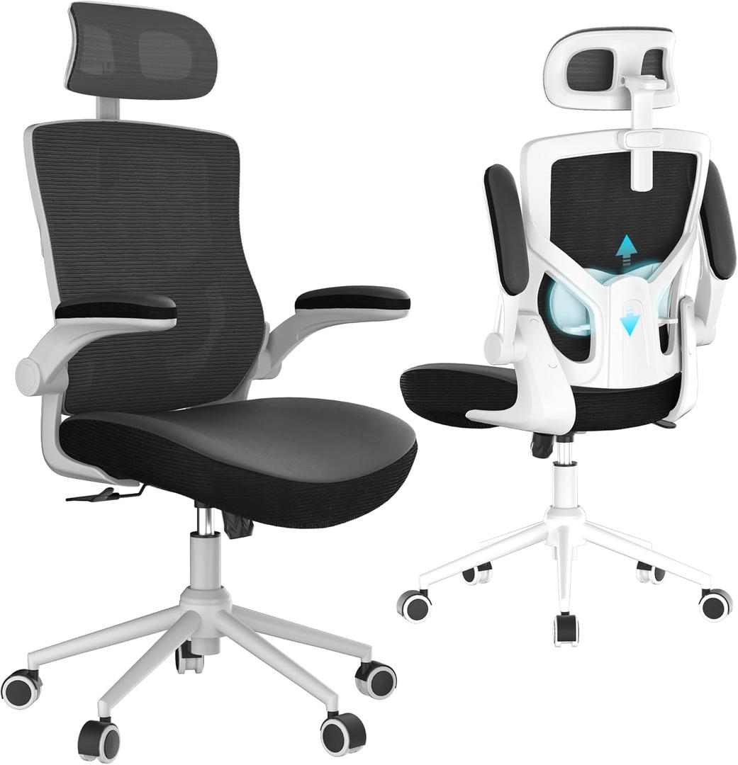 Ergonomic Office Chair with Adjustable Headrest & Lumbar Support - High Back Desk Chair with Flip-Up Arms, 360 Swivel Executive Computer Task Chair (Modern, Black-White Frame)