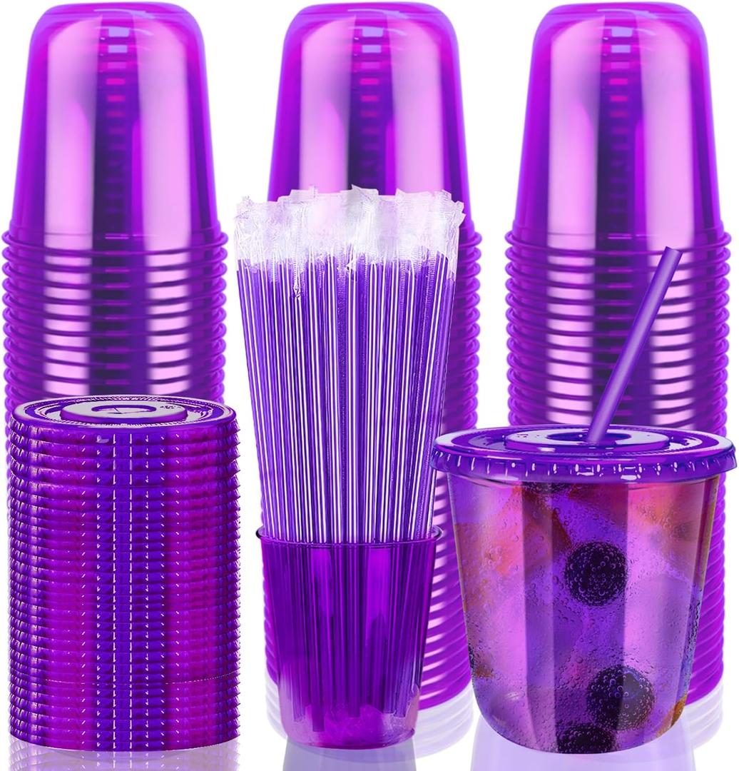 12oz Disposable Stemless Glasses with Flat Lids and Straws,PET Disposable Drinking Cups,Clear Plastic Wine Glasses for Parties Birthday,Wedding,Meeting,Christmas Party Supplies. (50, Purple)