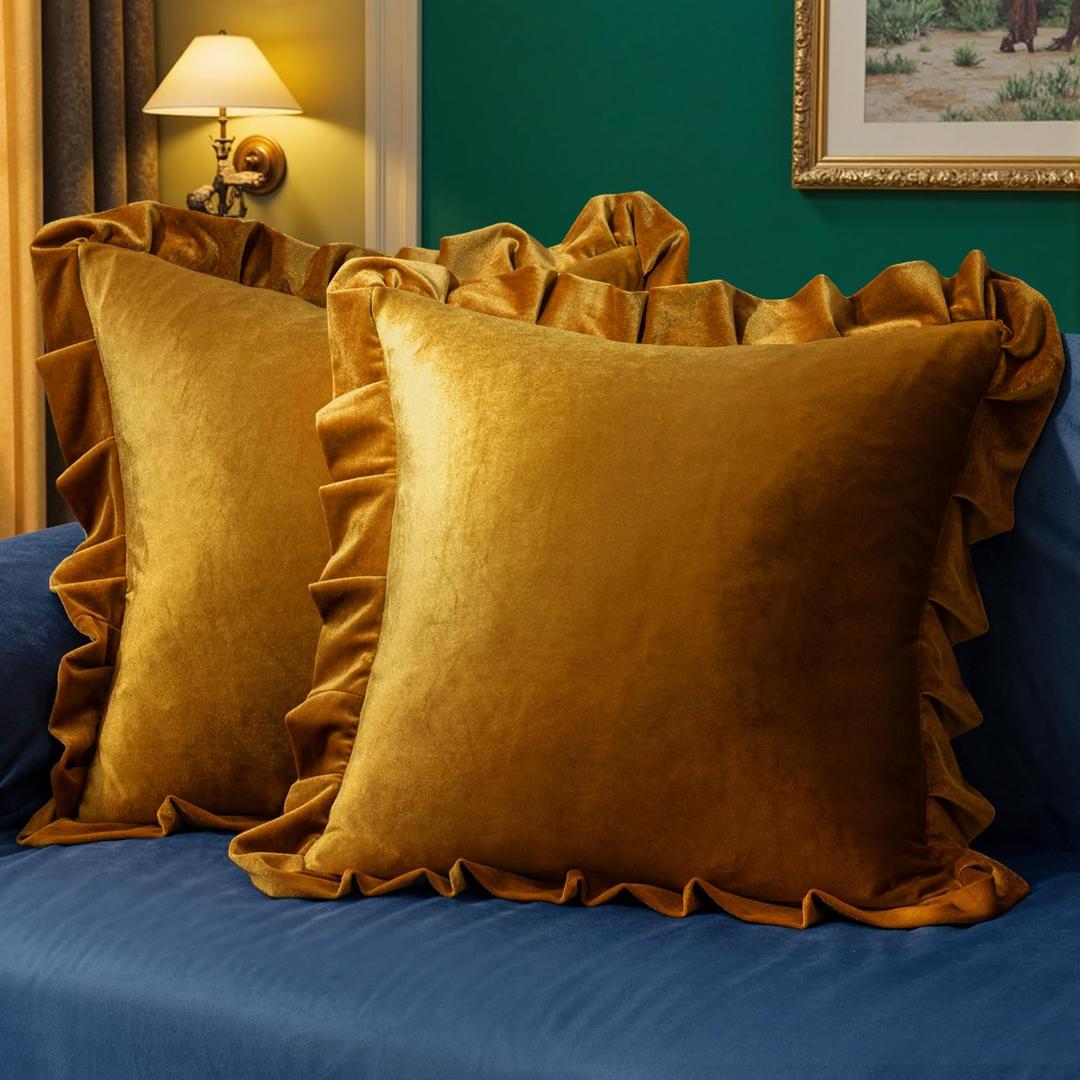 MIULEE Velvet Ruffle Throw Pillow Covers Soft Luxurious Golden Camel Pack of 2 18x18 Inch Square Cushions Vintage Gothic Decorative Ruffled Pillow Shams for Sofa Couch Bedroom Chair