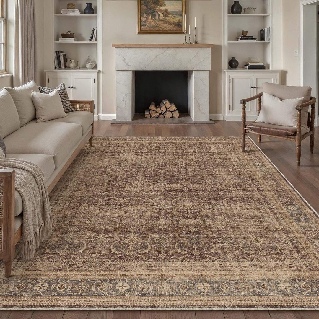 HUGEAR 8x10 Washable Area Rug Brown Vintage Neutral Living Room Rug Soft Non Slip Large Distressed Carpet Low Pile Pet Friendly for Bedroom Dining Room