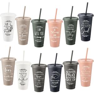 Havawish Inspirational Christian Gift Bible Verse Tumbler Bulk 24 oz Drinking Tumblers with Lid Straw Religious Plastic Cup for Women Men Bible Study Group Sunday School Church(Vivid Color,12)
