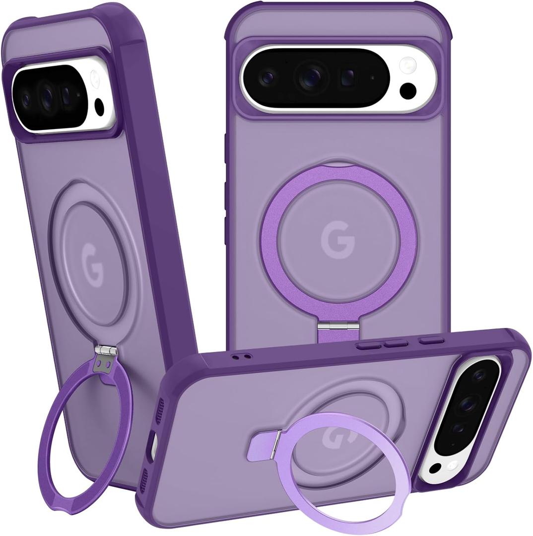 Magnetic Compatible with Google Pixel 10 Pro XL Case with Stand [Military Grade Drop Tested][Compatible with Magnet] Ring Translucent Slim Hard Back Soft Edge, Purple