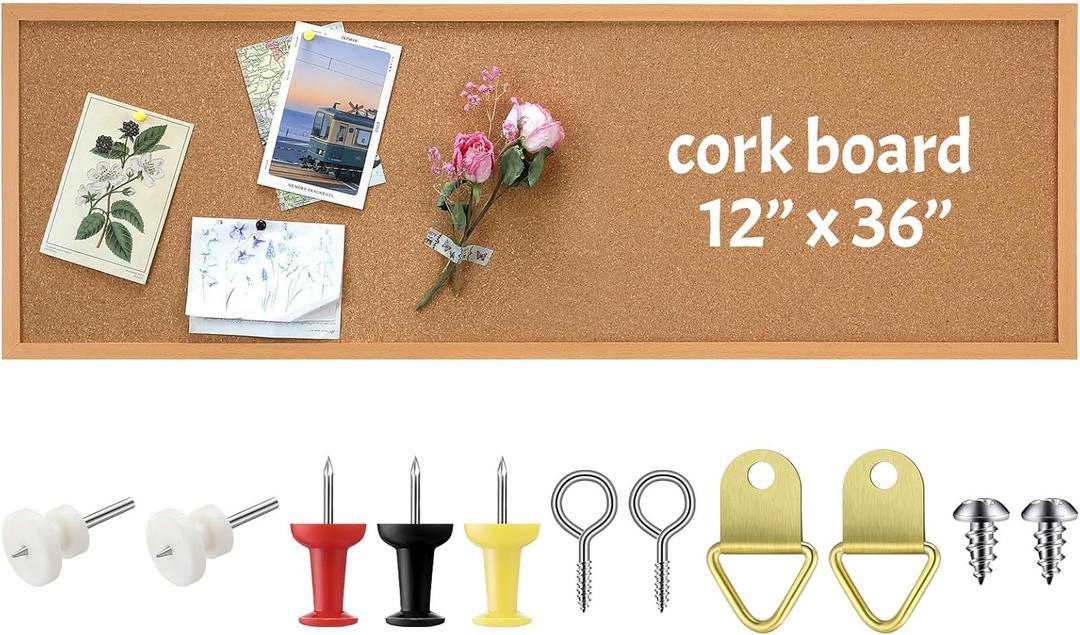 DoubleFill 12'' x 36'' Cork Bulletin Board Framed Large Wall Mounted Corkboard with Installation Kit, Push Pins for Home and Office Decor, School Message or Vision Background(Brown)