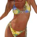 Women's 2 Piece Leopard Floral Bikini Sets Halter Triangle String Bathing Suit Starfish Metal Swimsuits (Medium, Yellow)