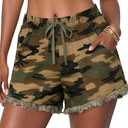HVEPUO Camo Jean Shorts for Women High Waisted Summer Beach Drawstring Fringe Hem Y2k Pull On Lounge Denim Shorts with Pocket Green Brown M