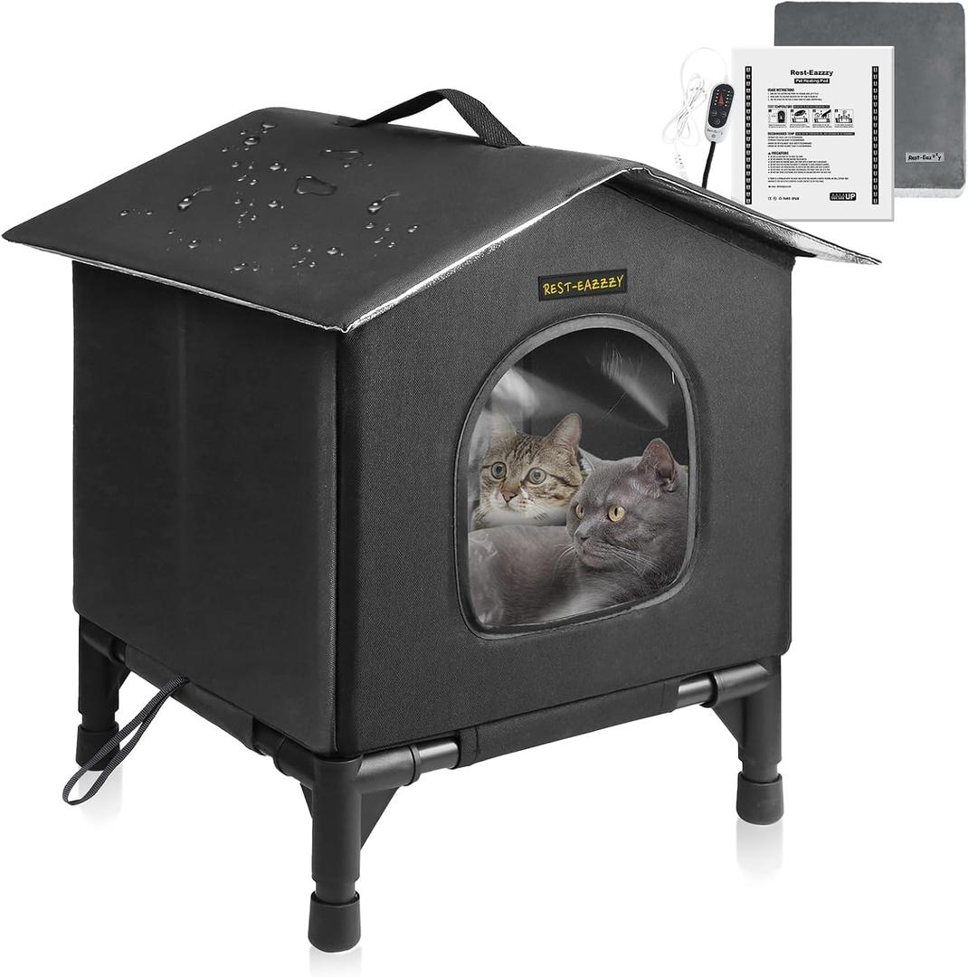 Rest-Eazzzy Heated Cat House for Outdoor Cats, Waterproof, Fully Insulated Shelter for Stray and Feral Cats, Great for Cat Houses for Outdoor Cat and Cat Beds for Indoor Cats (Grey-Heat, Small)
