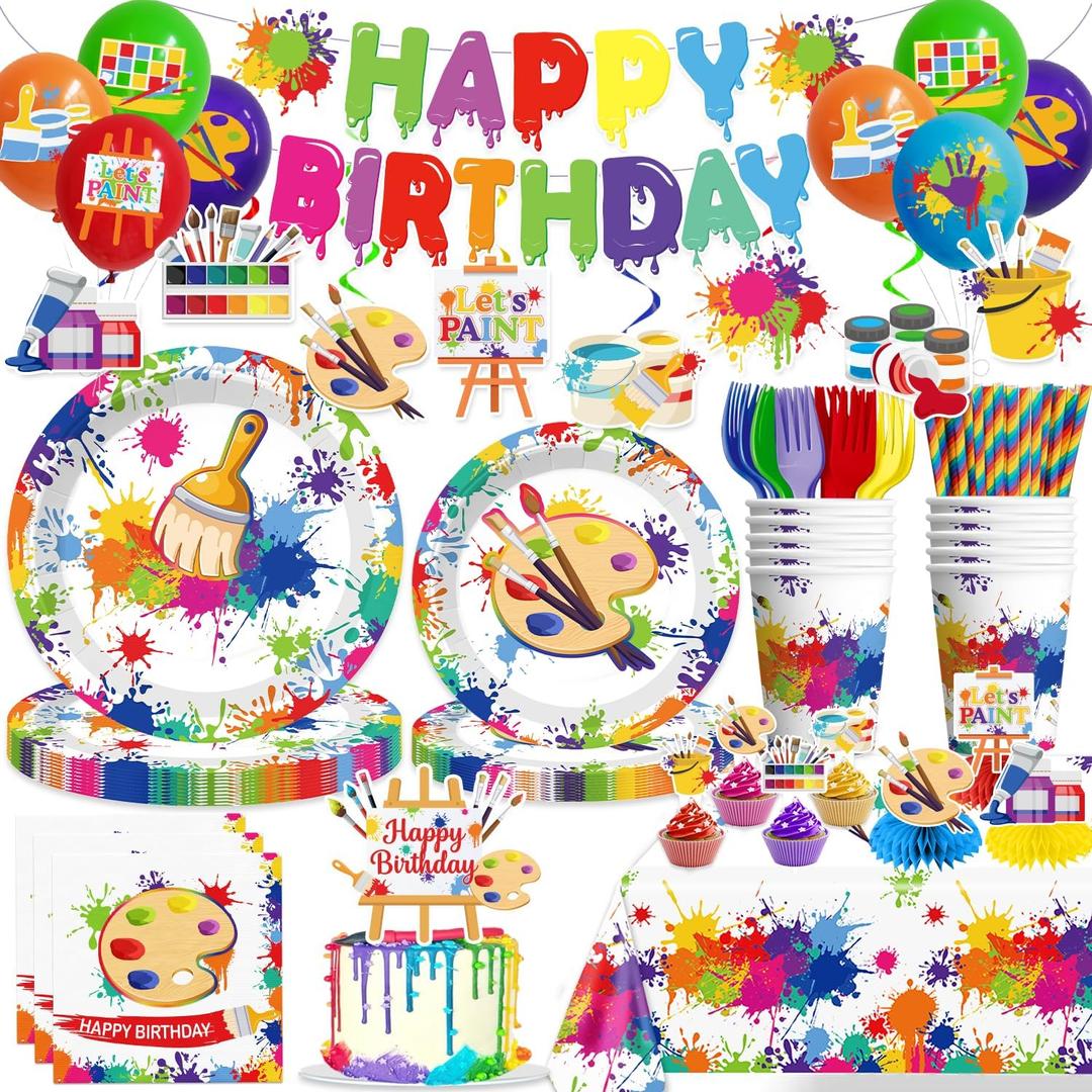 354pcs Paint Party Decorations for Kids and Art Lovers, Convenient Disposable Paper Tableware Set Includes 350gsm Plates and 2 PE Plastic Tablecloths for Paint Party and Celebration