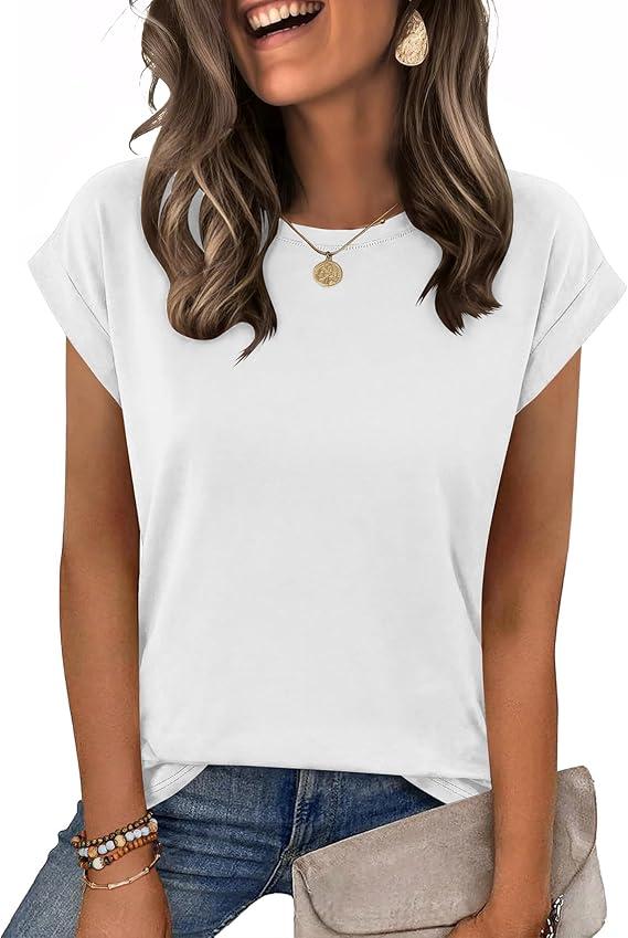 Zeagoo Women's Tops Summer Casual Cap Sleeve Tshirts Shirts Business Dressy Spring Fashion Outfits Trendy Clothes White L