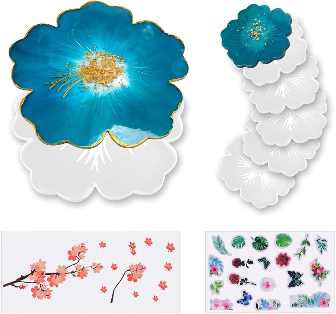 Large Flower Resin Molds for Tray and Coaster Casting, 1pc Plate Silicone Mold, 5pcs Floral Coaster Epoxy Moulds, Realistic Papers for DIY