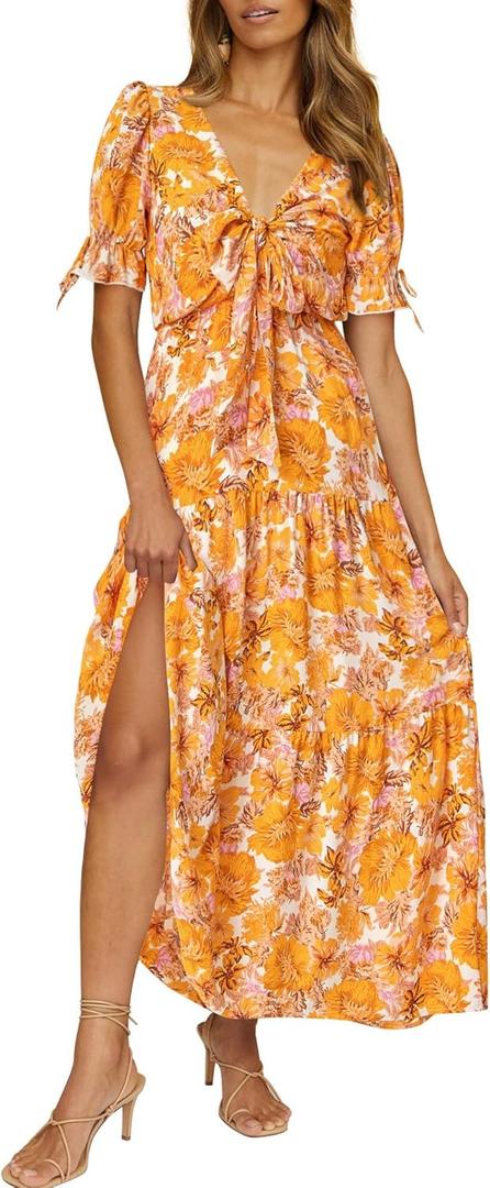 BTFBM 2025 Womens Summer Boho Dress Tie Front Deep V Neck Cutout Short Sleeve Casual Party Floral Beach Maxi Dresses (Small, Big Floral White Yellow)
