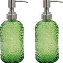 16 oz Diamond Pattern Glass Soap Dispenser, Kitchen and Bathroom Refillable Soap Dispenser with Rust Resistant Stainless Steel Pump for Hand Soap, Lotion Glass Liquid Dispenser(Green-2pack)