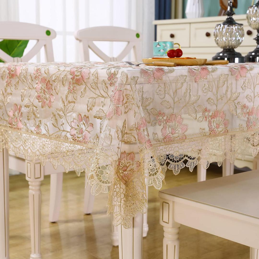 Lace Table Cloth Floral Embroidered Decor Macrame Crochet Vintage Tablecloth Shabby Chic Table Cover for Dining Kitchen Summer Outdoor Holiday (Pink-Gold, Rectangle/Oblong 60 in x 120 in)