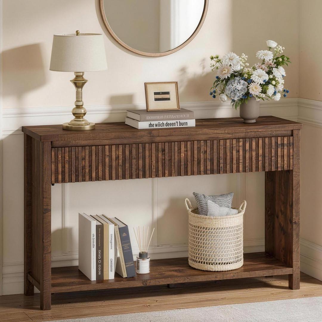 BON AUGURE Console Table with 2 Drawers, 47In Entryway Table with Storage, Sofa Tables with Two-Tier Shelf, Narrow Farmhouse Fluted Couch Tables for Living Room, Rustic Oak