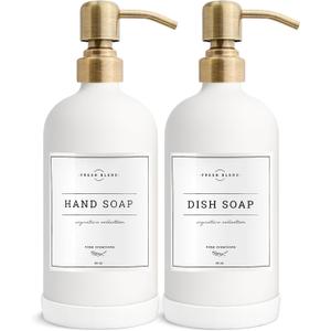 Vine Creations White Glass Soap Dispenser, 2 Pack Kitchen Soap Dispenser Set with Stainless Steel Pump, 16 oz Dish Soap and Hand Soap Dispensers for Bathroom with Waterproof Labels