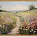 KISSFOX Vintage Wild flower Path Landscape Canvas Wall Art Spring Farmhouse Nature Floral Framed Wall Art Rustic Cottagecore Botanical Painting Art Prints Artwork For Living Room Bedroom Kitchen (12x16 in)