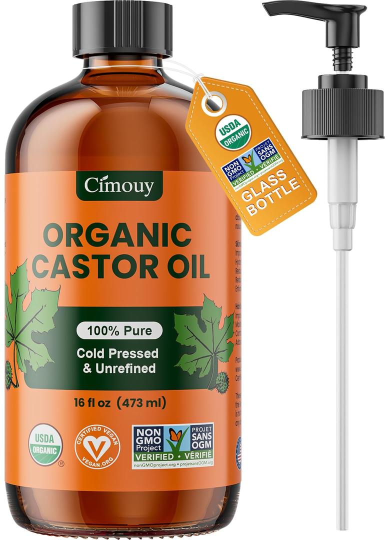 USDA Organic Castor Oil Glass Bottle 16oz, Hexane Free, Vegan, EWG Verified 100% Pure Castor Oil Organic Cold Pressed for Hair Growth | Face Skin | Eyelashes Brows | Body Massage Castor Oil Pack Wrap