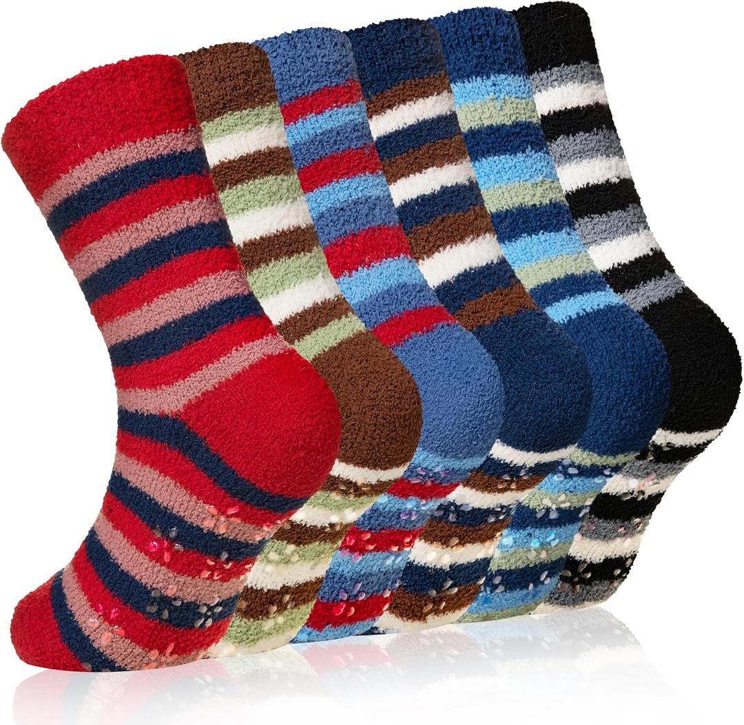 Eyean Kids Fuzzy Socks Non Slip Soft Fluffy Slipper Grips Socks Warm Plush Cozy Cabin Boy Girls Crew Socks 6 Pairs (8-12 Years, Colorful Stripes)